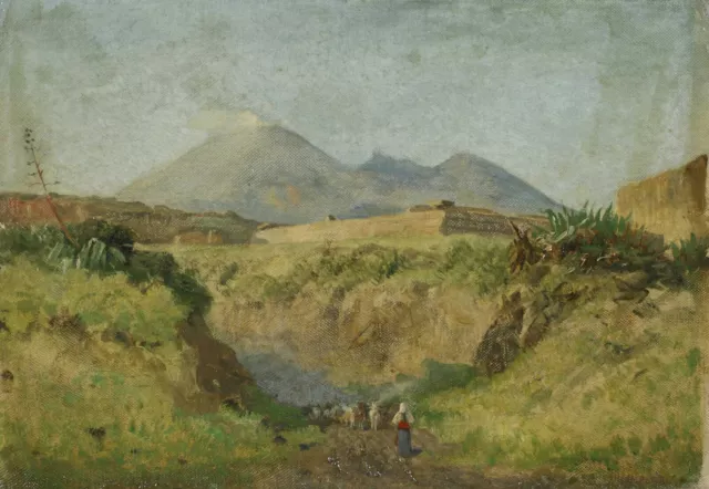 Johann Heinrich Limpert 1858-1938 Pintura Al Óleo Antiguo Vesubio Volcánico Con