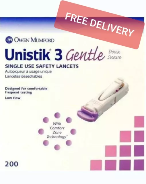 Unistik 3 Gentle Single Use Safety Lancets Pack of 200 Brand New-Free Delivery