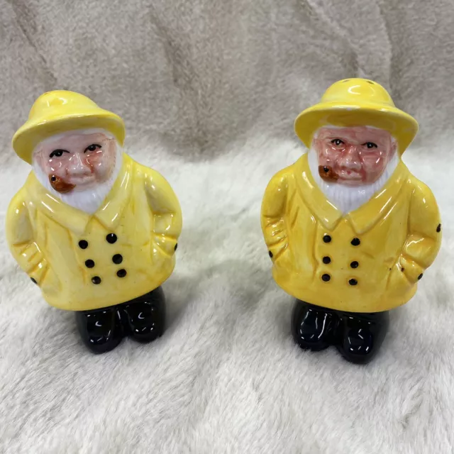 VINTAGE HAND PAINTED Grandpa Pipe Yellow Rain gear Salt Pepper Shakers ...