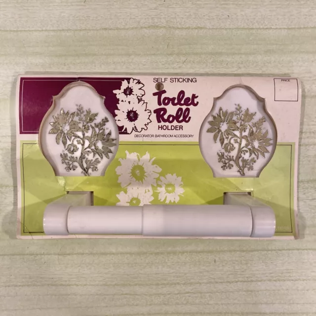 Vintage Kitsch Retro Toilet Roll Holder White Gold Flowers Mid Century Decor