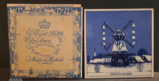 Vintage Hand Painted Porcelain Royal Delft Blue 6” 1969 Christmas Tile w/ Box
