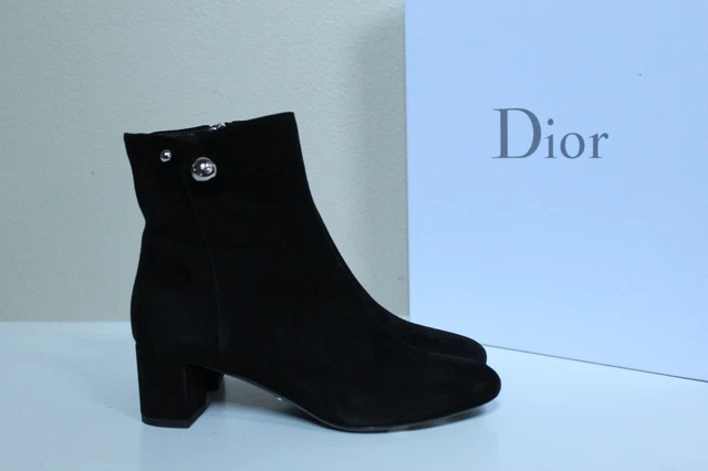 New sz 6 / 36 Christian Dior Logo Black Suede Leather Ankle Bootie Low Heel Shoe