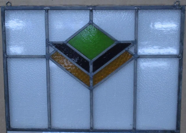 OLD ENGLISH STAINED GLASS WINDOW Unframed w Hooks Simple Geometric 19" x 14"