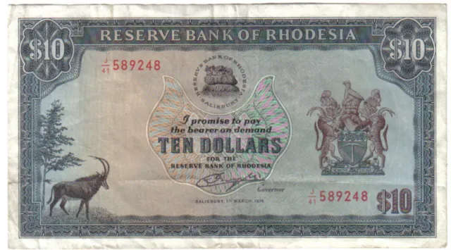 Rhodesia 10 Dollars March 1976 Pick 33 B Look Scans