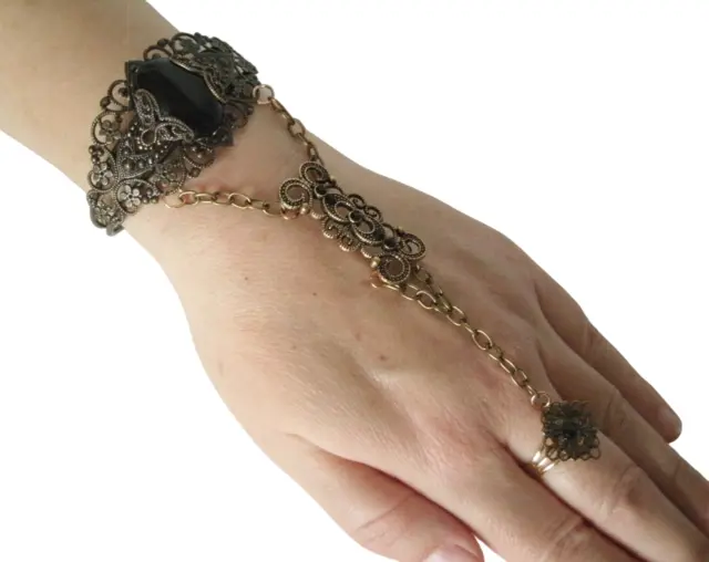 Black Onyx Slave Bracelet gothic art deco bohemian art nouveau hand chain boho