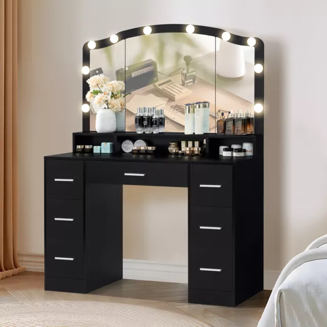 Vanity Desk with Large Lighted Mirror, 43.3" Makeup Vanity Table with 7 Drawers