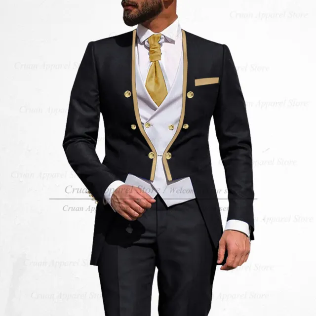 Men 3Pcs Slim Fit Wedding Best Man Groom Tuxedo Double Breasted Gold Trim Jacket