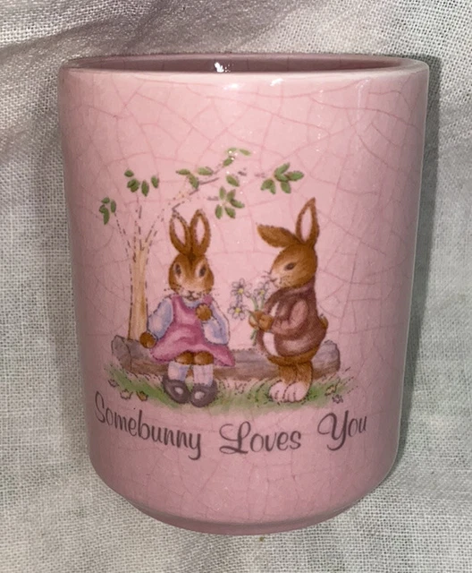 RUSS Pink Bunny Cup Candle Holder Somebunny Loves You Rabbit Easter Vintage