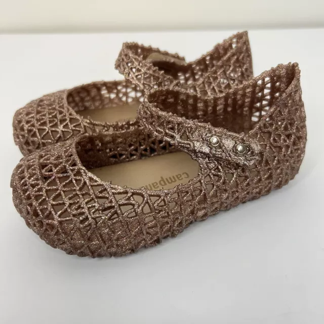 Mini Melissa Shoes Campana Zig Zag Brown Gold Glitter Hook & Loop Toddler Size 7