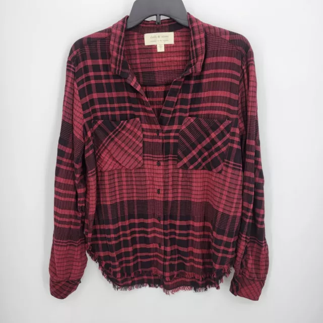 Cloth & Stone Shirt Womens Small Red Black Plaid Crinkle Cotton Fringe Trim Boho