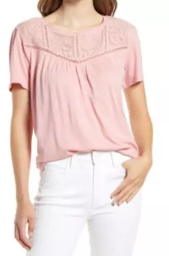Caslon Top Embroidered Yoke Tee Pink Bride Womens Sz S NEW NWT N73