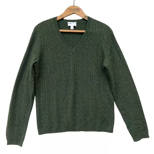Charter Club 100% Cashmere Sweater Size M Moss Green Cable Knit V Neck Soft