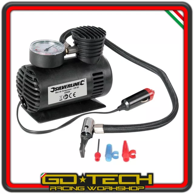 MINI COMPRESSORE PORTATILE AUTO 12 V con MANOMETRO GONFIA GOMME 17 bar 250 psi