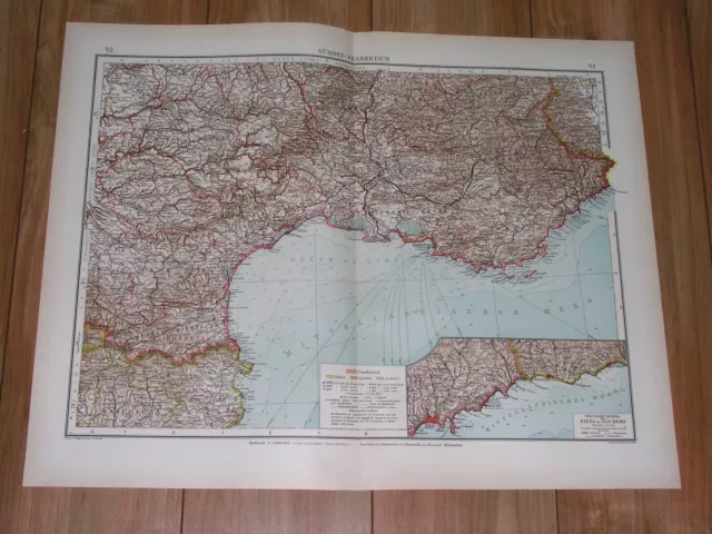 1929 Vintage Map Of French Riviera / Marseille Nice Cote D'azur France Monaco