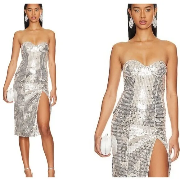 MAJORELLE Jovanna Embellished Midi Dress in Silver Large