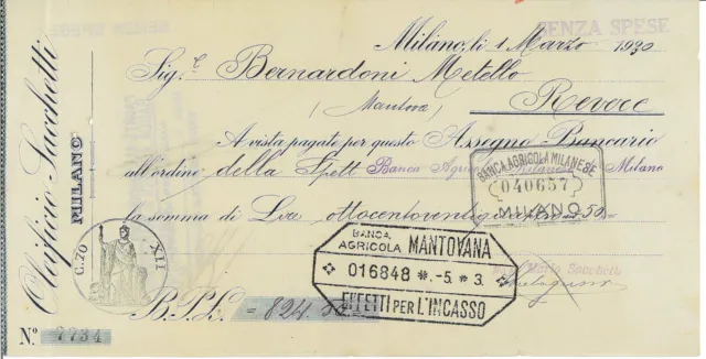 Assegno Bancario intestato OLEIFICIO SACCHETTI, Milano 1930