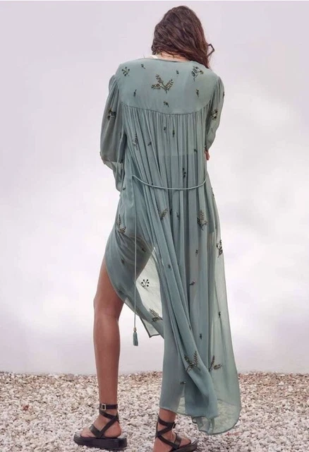 ZARA SEMI SHEER Grey/blue Beaded Sequin Kimono With Belt Limited Edition  XS-S £65.17