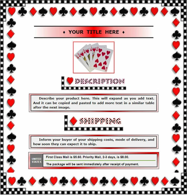 AUCTION TEMPLATE PLAYING Cards Suits Border Design FREE Email