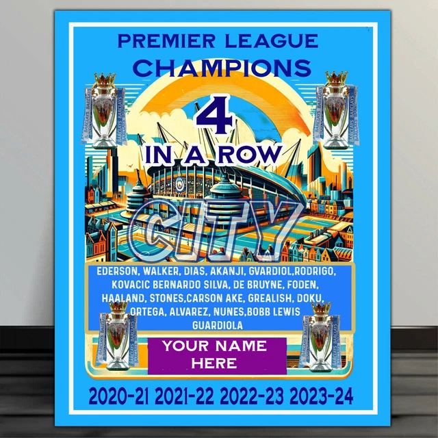MANCHESTER CITY 4 IN A ROW CHAMPIONS 2024 Insegna Metallo MC1 EUR 10,47 ...