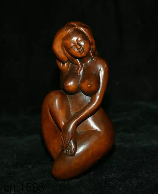Collect Chinese Culture Boxwood Wood Hand Carved Palace Nude Maiden Belle Statue
