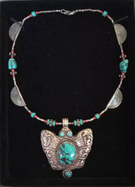 Old Tibetan Necklace Silver Turquoise & Coral RARE 2-Sided Pendant - Reversible