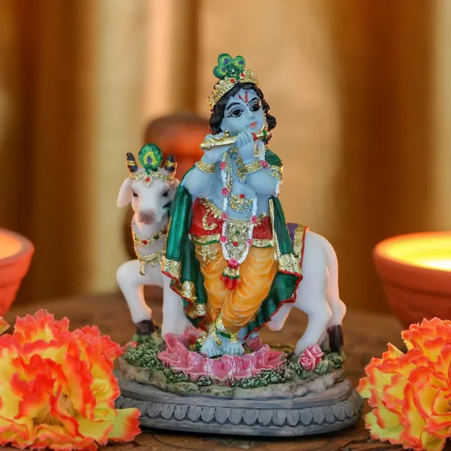 Lord Krishna Jouer Flûte Avec Vache Statue Résine Pour Home Et Temple Décor 1.1m