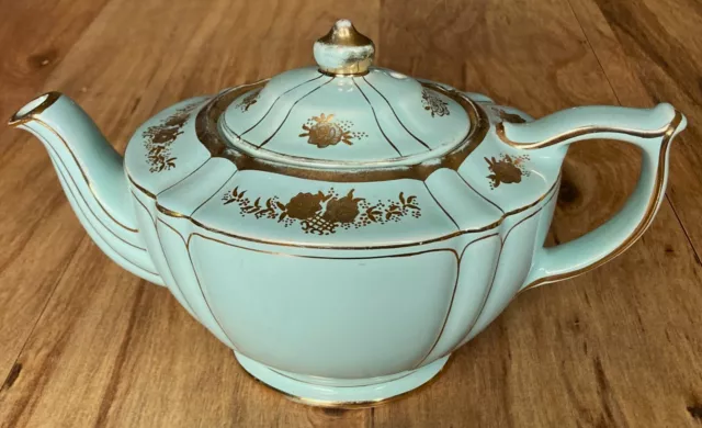 Sadler Turquoise Mint Green Blue Green w/Gold Flowers Teapot #1992 England