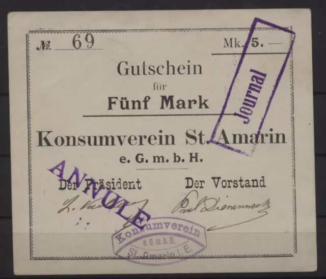 [18490] - NOTGELD ST. AMARIN (heute: Saint-Amarin), Konsumverein St. Amarin eGmb