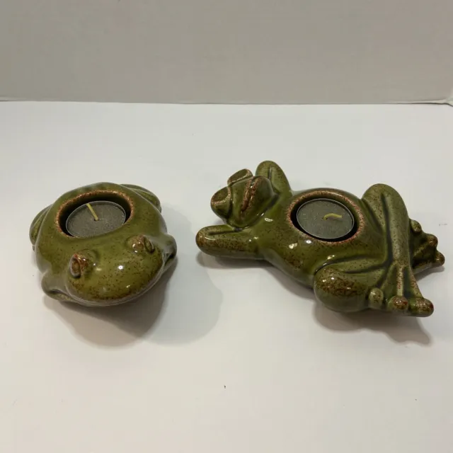 Vintage Ceramic Frog Candle Holders Green Glossy Tea light Summer Spring