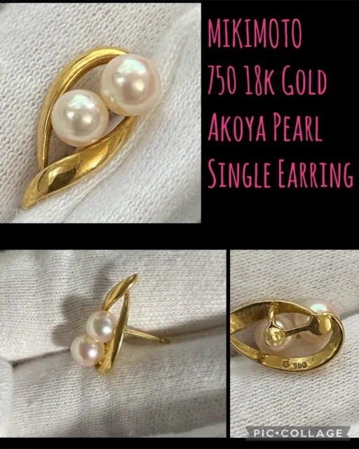 Estate Find! 1 MIKIMOTO Signed 750 18k Yellow Gold Akoya 2 Pearl Single Earring