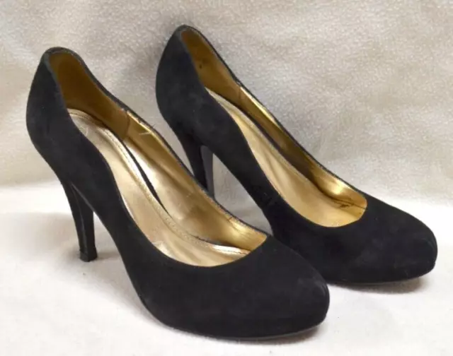 RMK Liano Women's Black & Gold Suede Stiletto High Heel Pumps Sz 8 Some Flaws