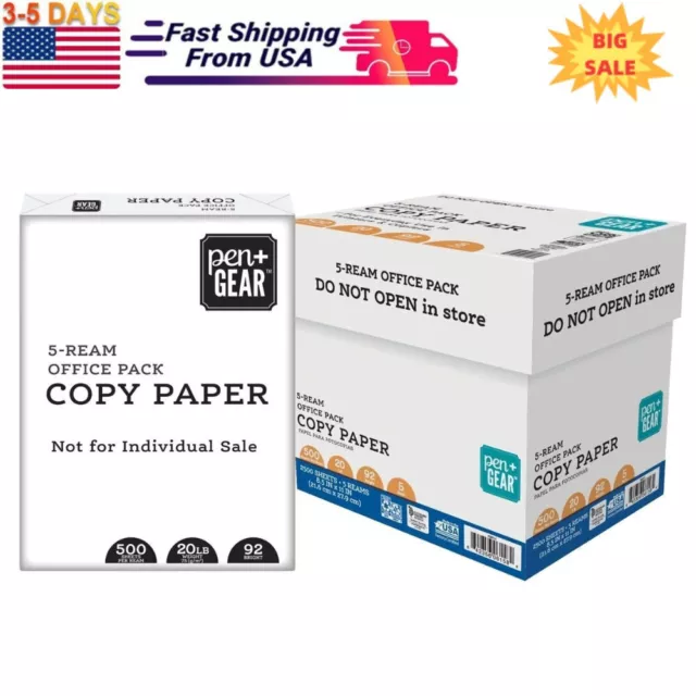 Copy Paper, 8.5" x 11", 92 Bright, 20 lb., 5 Reams (2,500 Sheets),White~~