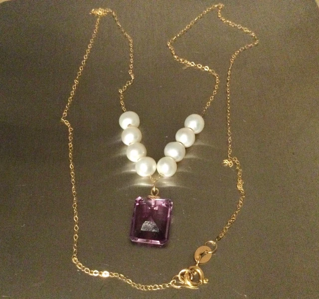Collier Pendentif Vintage En Plaqué Or Avec Perle D'Améthyste Foncé - Bijou Classique