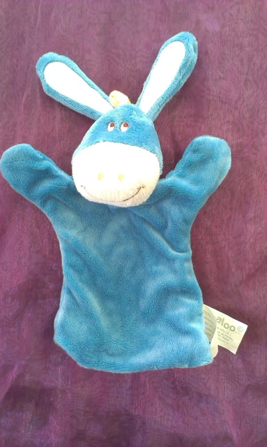 Doudou marionnette ane blanc bleu jaune  KIMBALOO