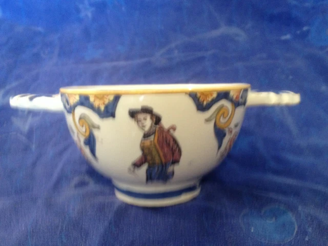 Petit Bol Ancien à Facettes - Décor Pont, Rivière, Moulin Sur Fond Jaune - Porcelaine
