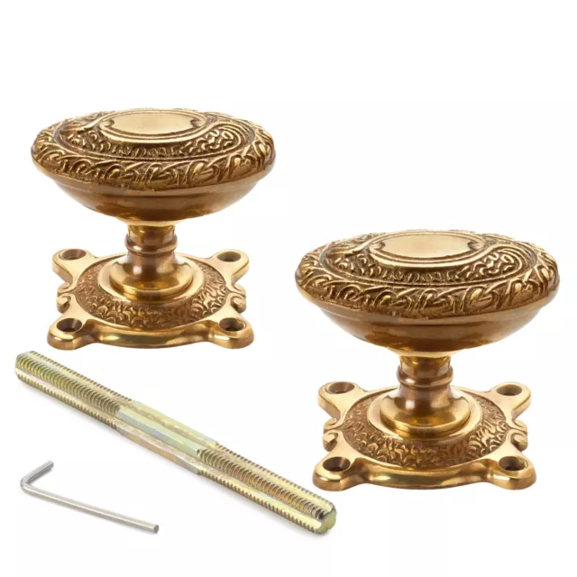Aged Solid Brass Floral Ornate Oval Rim Mortice Door Knobs Knob Pair