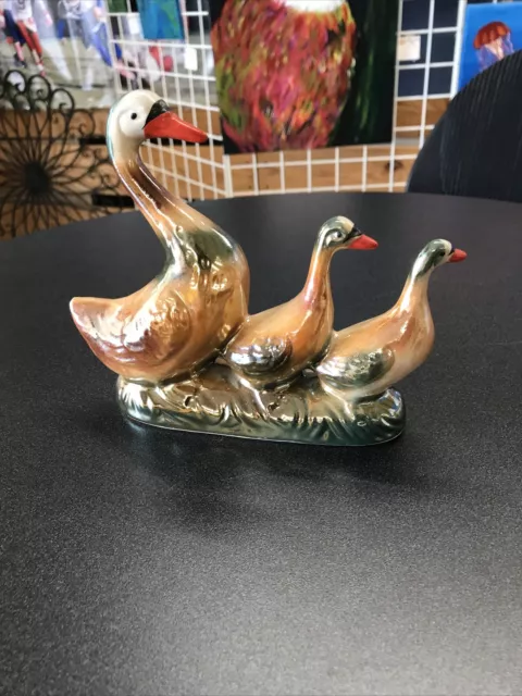 Goose Family 3 Geese Lusterware Glazed Figurine Brazil Mama Two Goslings Duck