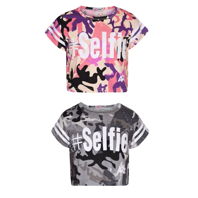 Kids Girls #Selfie Tops Designer's Camouflage Print Trendy Crop T Shirt Top 5-13