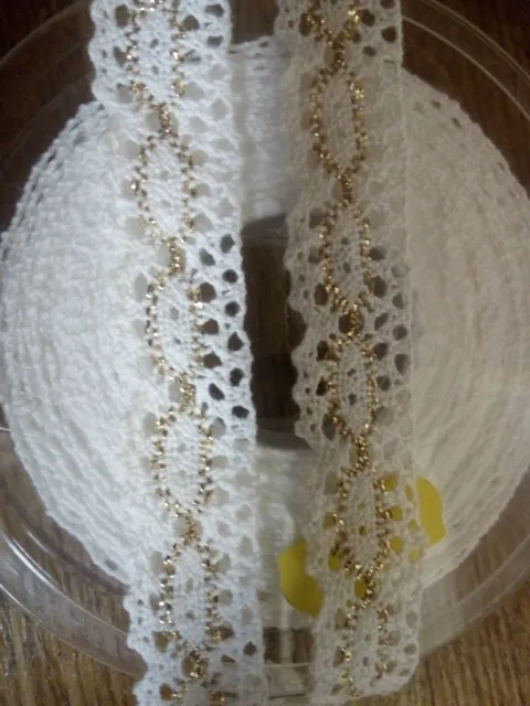 5M Cotton Lace White with Gold Lurex Vintage Like Sewing Trim 18mm