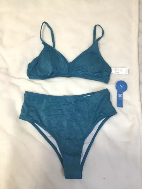 Cupshe Womens Bikini Swimsuit Teal Shiny Metallic Sparkle High Waist, Size M