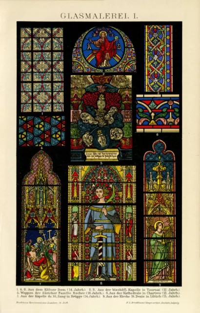 Glasmalerei Kölner Dom Chartres Brügge Lüttich Bild Chromolithographie ca. 1892