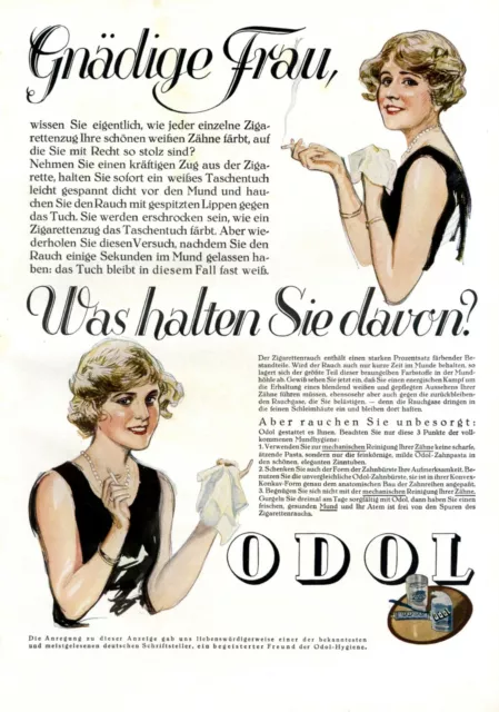 Odol Mundwasser Reklame 1928 Mundwasser Dame Raucherin kleine Schwarze Werbung