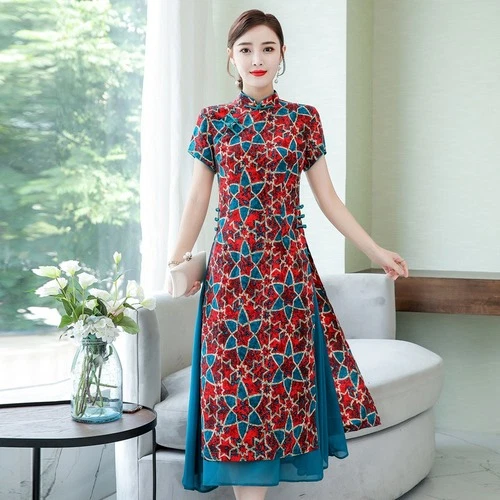 Women Dress Japanese Kimono Chinese Cheongsam Qipao Splice Chiffon Dresses