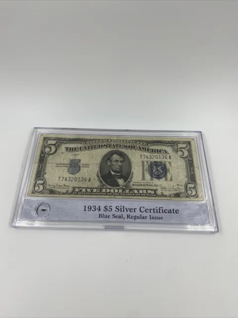 1934 D Five Dollar Bill Silver Certificate - Blue Seal - Hard Case