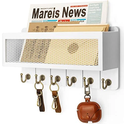 Llavero de granja para pared con organizador de correo: malla decorativa blanca