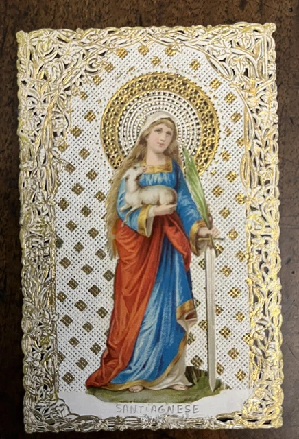 Santino Santa Agnese Merlettato Cromolitografia Sec XIX Perfetto