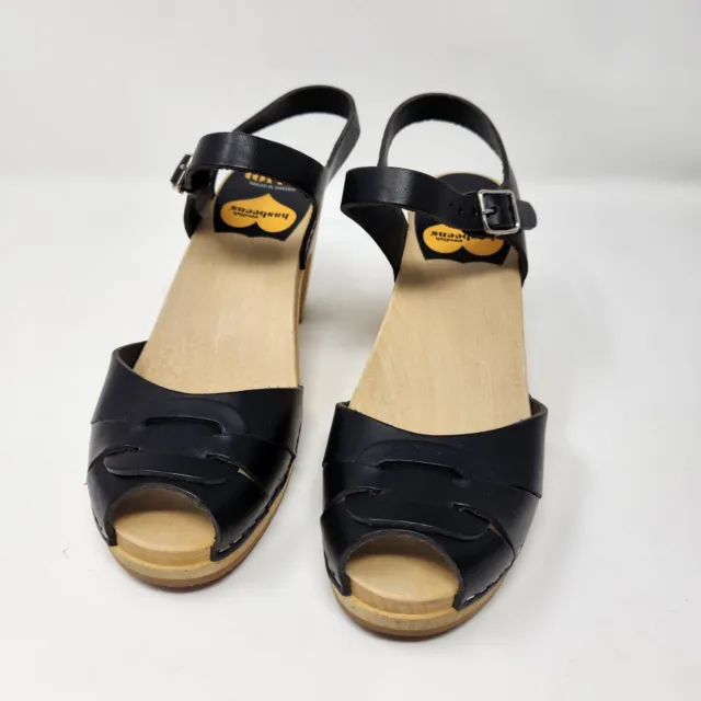 Swedish Hasbeens Toffel Sandals Women’s 37 Black Leather Heels Buckle T Strap.