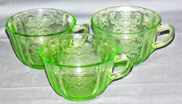 3 Vintage Federal Green Madrid Depression Glass Cups