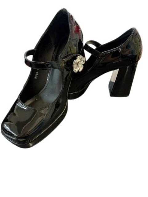 BLACK PATENT LEATHER Mary Jane Block Heels With Rhinestone Buckle Size ...