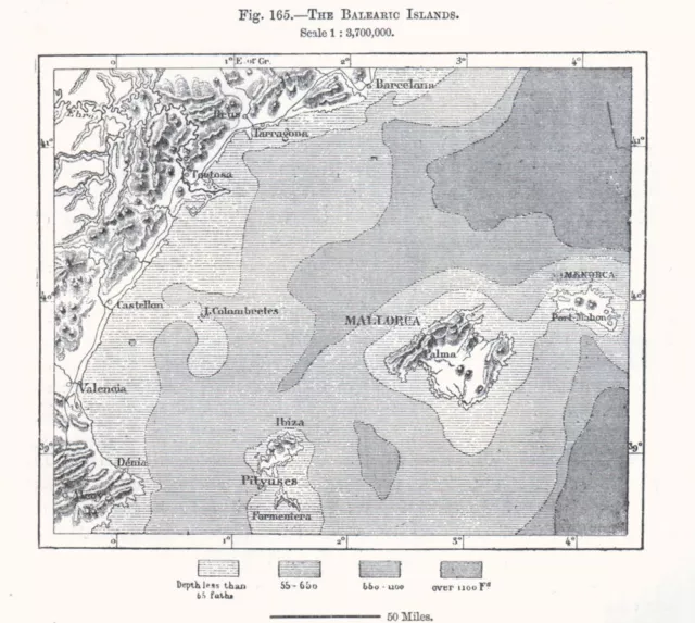 The Balearic Islands. Majorca Ibiza Menorca. Spain. Sketch map 1885 old